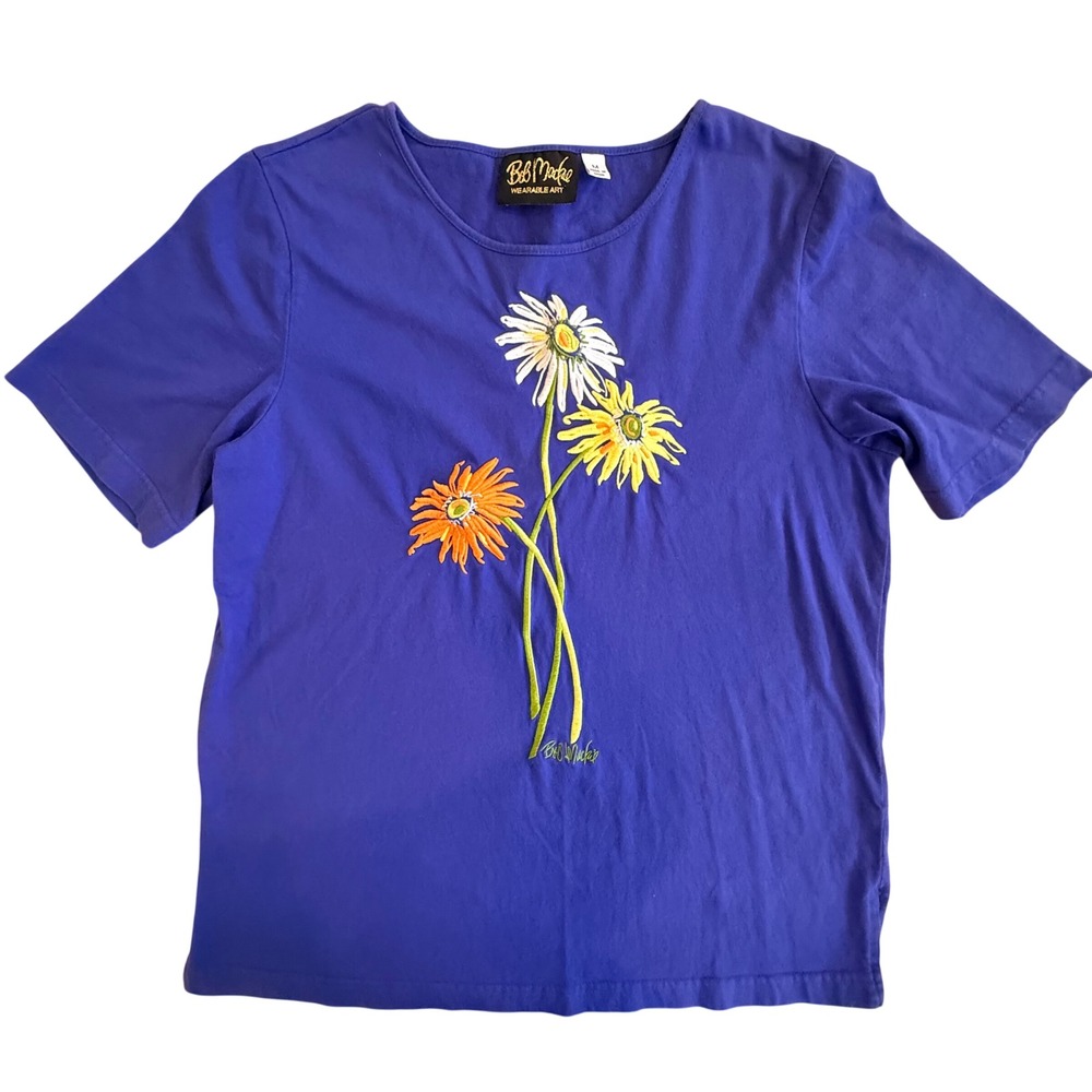 Vintage 90s Bob Mackie Wearable Art Blue Floral Embroidered Cotton T-Shirt M